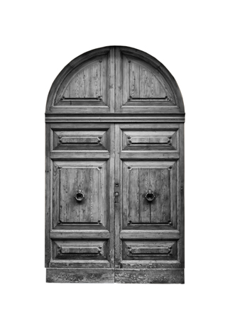 Wooden door in an old Italian house, isolated on white background, clipping path. Black and white.の写真素材