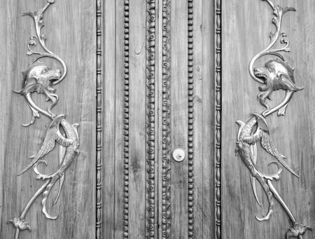 Wonderful old italian door carved on wood with golden dragons, black and white.の写真素材