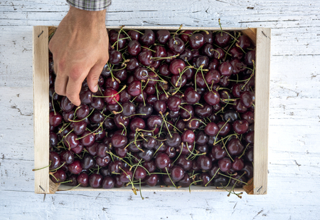 Greengrocer sells cherries at the store. Top viewの写真素材