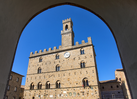 Volterra town, medieval palace Palazzo dei Priori landmark, Pisa state, Tuscany, Italyのeditorial素材