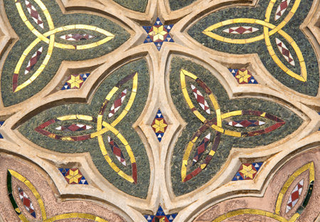 ORVIETO, ITALY - JULY 2017- Close-up of the opulent and elaborated embossed sculptures in the...