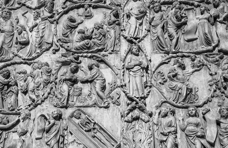 ORVIETO, ITALY - JULY 2017- Close-up of the opulent and elaborated embossed sculptures in the Orvieto Cathedral (Duomo), black and whiteのeditorial素材