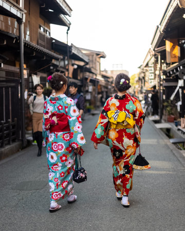 Takayama, Japan/ March 9, 2020/ Two girls in traditional Japanese Yukata/Kimono walking Takayama's old townのeditorial素材