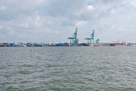 Cargo terminal for loading bulk cargo of iron ore by ship cranes and grabs at the port of muara port, Brunei darusallamの写真素材