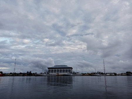 Tranquil scene of a Brunei darusallam naval ship in the harborの写真素材