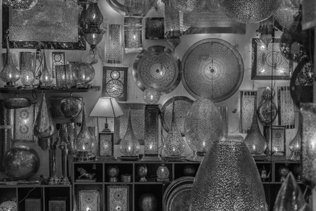 lamp shop bazar in marrakech. black and white image