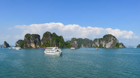 Halong bay in Vietnam, South Asia, and Tourist Junks. Panoramic view. Travel destination and natural backgroundの写真素材