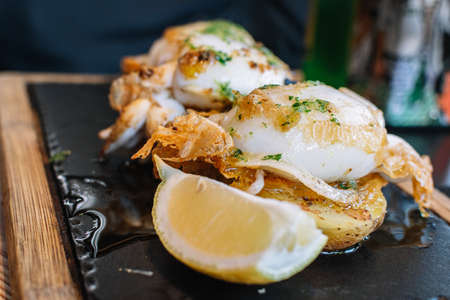grilled cuttlefish with garlic sauce and parsley. food close-up.の写真素材