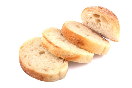 french baguette slices, isolated on white background, delicious, natural