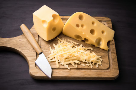 Fresh cheese on a wooden board. On black background, delicious, natural.