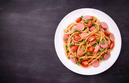 Pasta spaghetti with cherry tomatoes, fried sausage and parsley in white plate on a black background, delicious, natural.の写真素材
