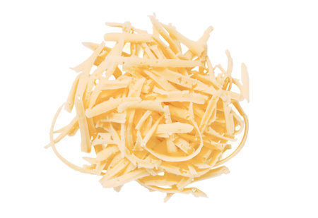 Grated cheese isolated on white background. Concept: Italian cuisine, cheese, restaurant, and food.