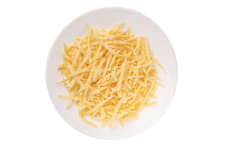 Grated cheese in white Plate on white background. Concept: Italian cuisine, cheese, restaurant, and food.の写真素材