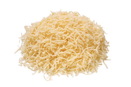 Grated cheese isolated on white background. Concept: Italian cuisine, cheese, restaurant, and food.