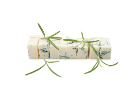 Blue cheese with rosemary isolated on white background with clipping path and full depth of field.の写真素材