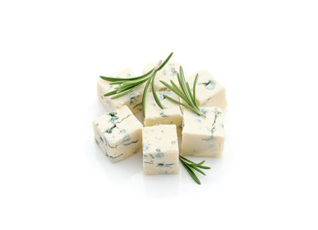 Blue cheese with rosemary isolated on white background with clipping path and full depth of field.の写真素材