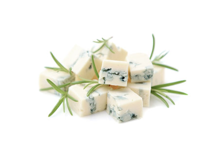 Blue cheese with rosemary isolated on white background with clipping path and full depth of field.の写真素材