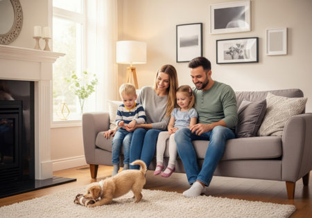 A joyful family of four, including two young children and a dog, are comfortably seated on a sofa in a bright, modern living room.の素材