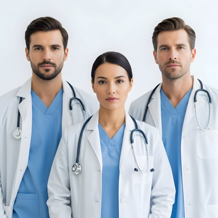 Three medical professionals, two men and one woman, standing confidently in their scrubs and lab coats, each wearing a stethoscope around their neck. They appear prepared and dedicated to their medical duties.の素材