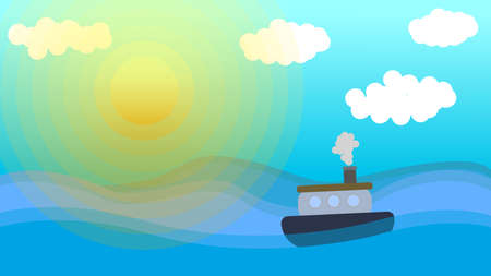 A boat on the ocean under the sunshine.のイラスト素材
