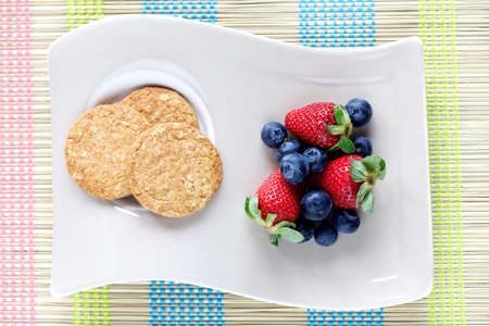 breakfast with cookie and fruitsの写真素材