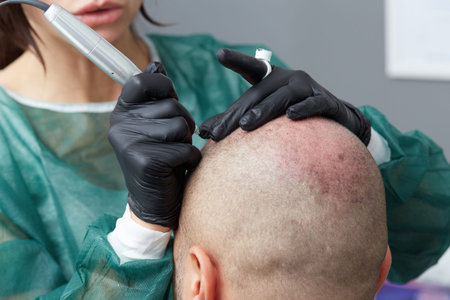 Cosmetologist making permanent makeup on man skin head - tricopigmentationの写真素材