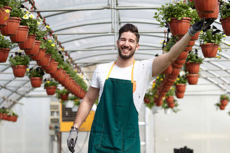 happy male nursery worker trimming plants in greenhouseの写真素材