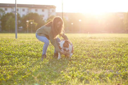 young Girl playing with English Bulldog at parkの写真素材