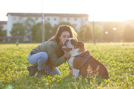 Women hugging a british bulldog and kissの写真素材