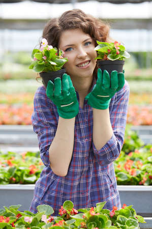 happy female nursery worker trimming plants in greenhouseの写真素材
