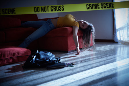 Crime scene simulation. Body of the dead college girl