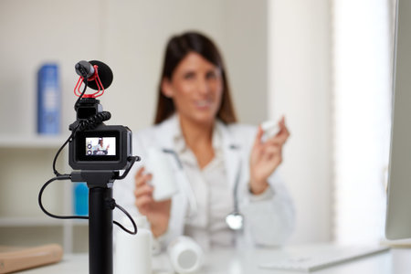 female doctor showing pills and recording a video vlog