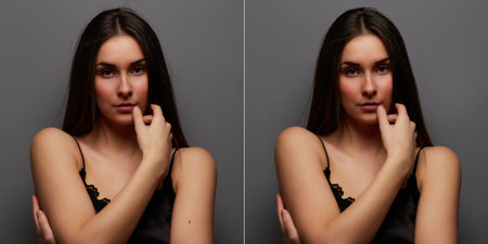 Before-after processing. Woman before and after retouch. Comparison portraitsの写真素材