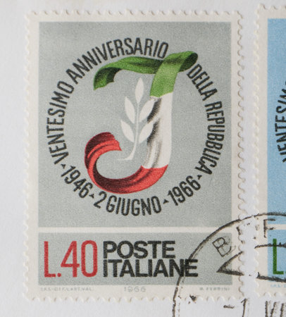 Colorful Vintage Used Postage Stamps from Italyの写真素材