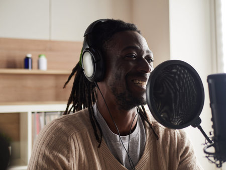 afroamerican happy young male recording audio blog in headphones microphone broadcasting at home ...の写真素材