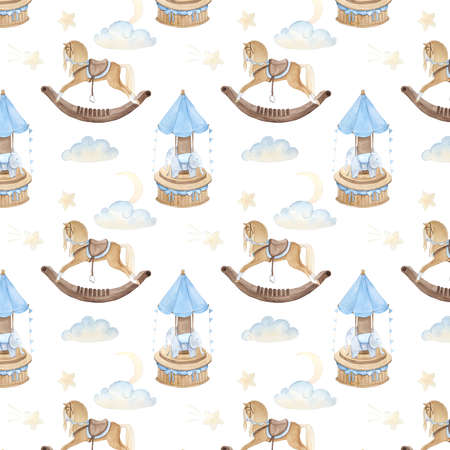 Watercolor pattern depicting vintage cute fairy tale childrens toys and clouds, moonの写真素材