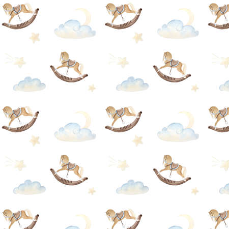 Watercolor pattern depicting vintage cute fairy tale childrens toys and clouds, moonの写真素材