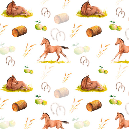 Watercolor seamless pattern with horses, horseshoes, hay, apples on white backgroundの写真素材