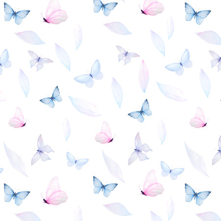 Watercolor minimalistic pattern of tender blue and pink butterflies with delicate leathes isolatedの写真素材