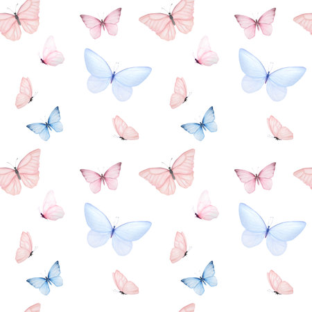 Watercolor minimalistic pattern of tender blue and pink butterflies. Various butterflies. Can be used for postcards, posters, wallpaper, clothing, design.の写真素材