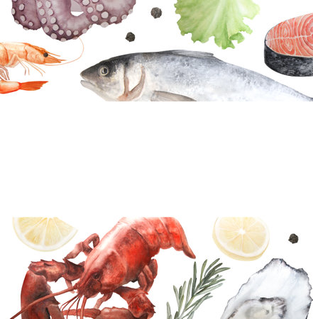 Seafood watercolor illustration, rectangular frame on white background.の写真素材