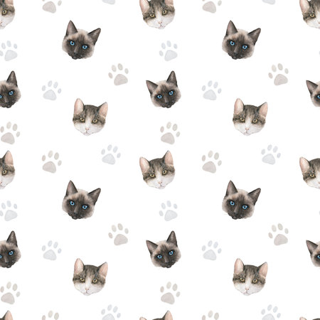 Seamless watercolor pattern with pastel paw prints, cats' heads on white background. Can be used for postcards, fabric print, home decorの写真素材