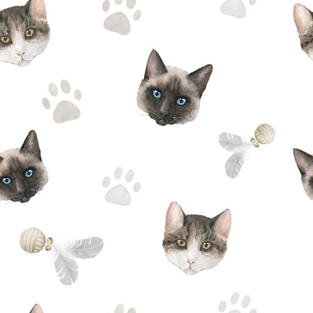 Seamless watercolor pattern with pastel paw prints, toys, cats' heads on white background. Can be used for postcards, fabric print, home decorの写真素材