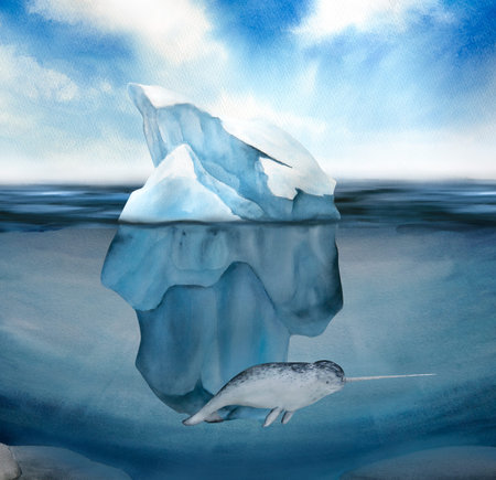 watercolor illustration of north sea landscape and underwater world, narwhal, blue sky, icebergの写真素材