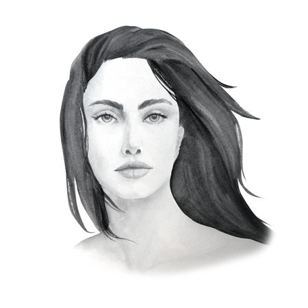 Watercolor illustration of portrait of beautiful girl in black and white isolated on a white background. Gentle silhouetteの写真素材