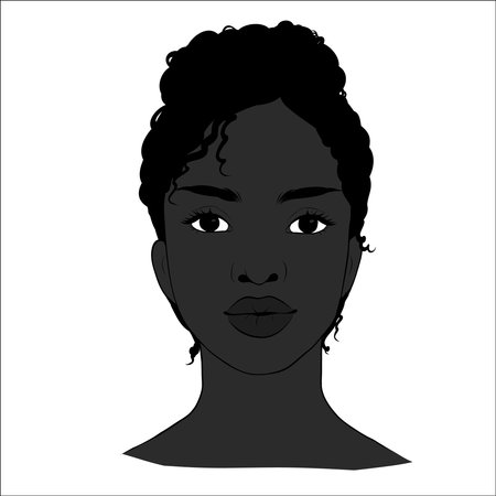 Vector portrait of beautiful african american woman with a head bun in black and white . Gentle silhouette, fashion illustration. Full face portraitのイラスト素材