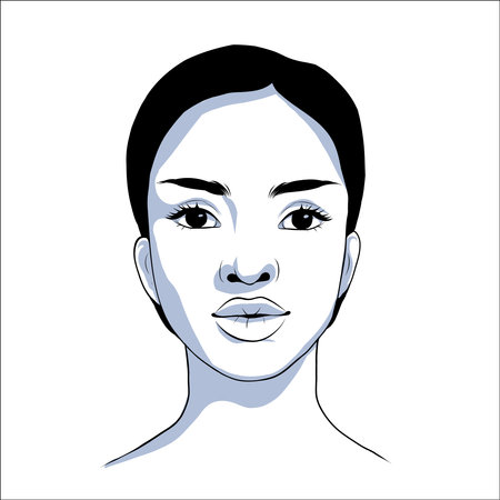 Vector portrait of beautiful african american woman with a short hair in black and white with shadow. Gentle silhouette, fashion illustration. Full face portraitのイラスト素材