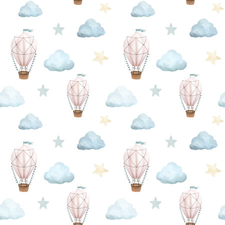 Watercolor seamless pattern with vintage cute fairy tale cartoon clouds, hot air balloon and blue flags and yellow stars with watercolor texture isolated on white backgroundの写真素材