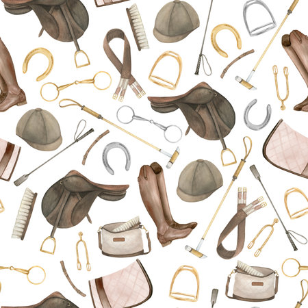 Seamless minimalistic pattern with watercolor illustrations of golden horseshoes and snaffles, saddle, boots, helmet, pad, horse polo sticks , isolated. Can be used as a print for clothes. Print on the theme of horses and equestrianismの写真素材
