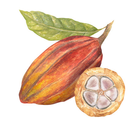 Watercolor illustration of cut cocoa fruit filled with cocoa seeds. Isolated hand drawn illustration. Suitable for packaging design, menuの写真素材
